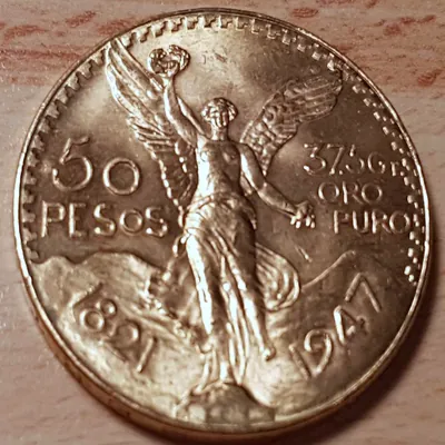 Revers d'une pièce de 50 pesos, Victoire ailée, 37,5 g d'or pur, 1821-1947.